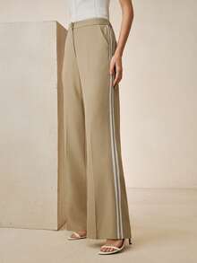 Anewsta 女士高腰阔腿西装裤，带口袋、缎带饰边、开衩裤脚、拉链装饰，垂坠感面料，休闲及办公皆宜 - 卡其色 - 查看 6