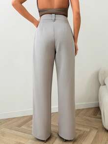 SHEIN Quần tây ống rộng xếp ly, màu trơn, có cúc cài và túi chéo. - Xám - Xem 2
