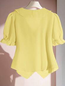 SHEIN Clasi 大码夏季休闲纯色荷叶边衬衫 - 淡黃色 - 查看 2