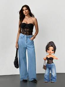 SHEIN Tall Women's Black Lace Bodysuit: Strapless Sleeveless Knitted Sheer Floral Lingerie Top - Black - View 2