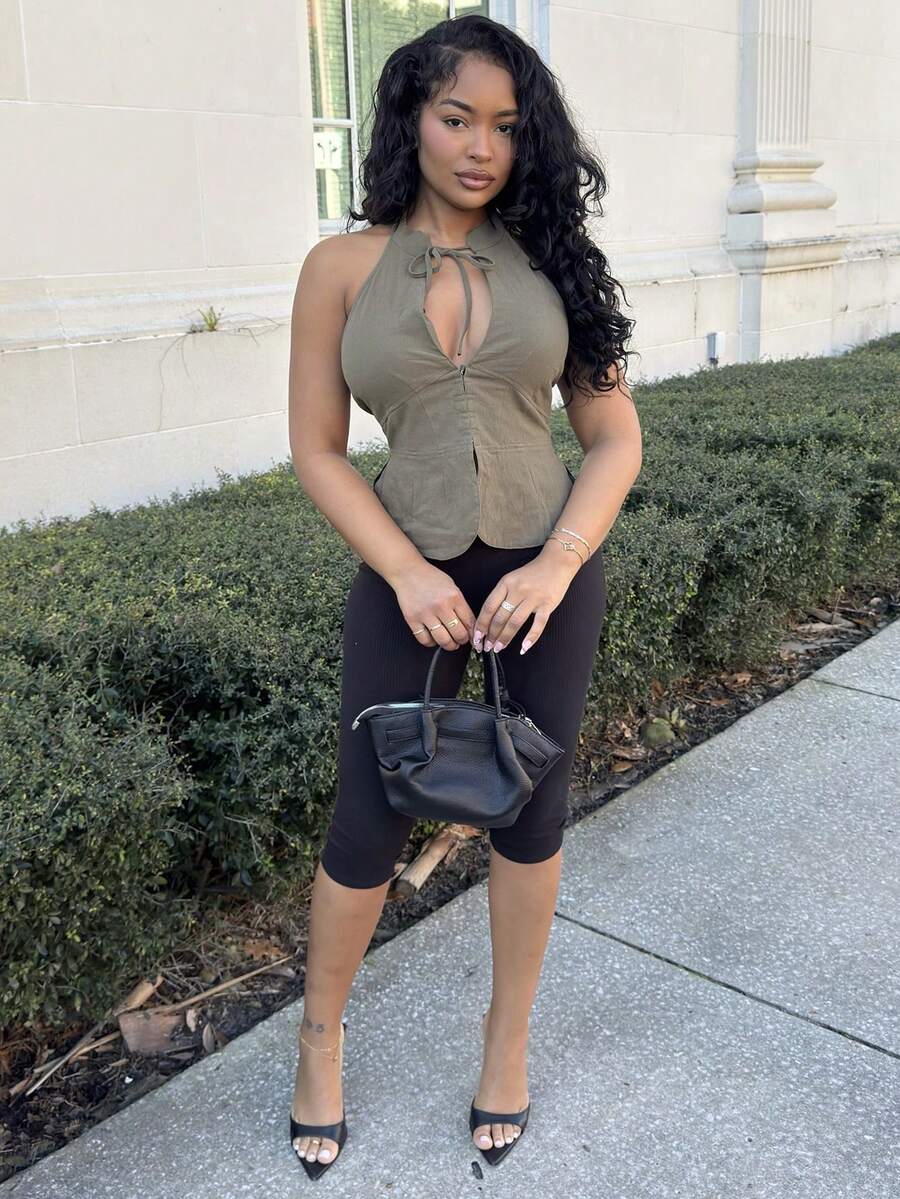 Alexandranx Women Bow Tie Hollow Hanged Neck Slim Fitted Sleeveless Vest Top, Split Front Outerwear Tank Top Chic Summer Green Casual Christmas - Army Green - View 1