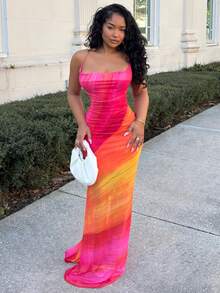 Alexandranx 全新度假风格彩虹渐变色网眼印花露背超长波西米亚风连衣裙 - 紅色 - 查看 6