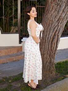 Lupita Cardoza 方领蕾丝前片后褶碎花连衣裙，派对连衣裙，早午餐连衣裙，度假连衣裙，宴会连衣裙，情人节连衣裙，新年连衣裙，海滩度假装 - 紅白色 - 查看 4