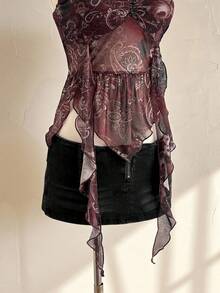 Attitoon Burgundy Summer Paisley Printed Knit Mesh Beaded Spaghetti Strap Camisole Top,Boho Women's Vacation Corset Gothic Top,Festival Chic Daily Wear Tops - Coffee Brown - View 4