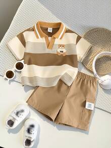 男婴休闲条纹polo衫+卡其色短裤套装（2件套），百搭服装，适合生日派对、晚宴、演出、婚礼、迎婴派对、一周岁生日庆祝等场合。 - 卡其色 - 查看 2