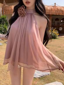 SHEIN K-Vae Elegante blusa de verano con cuello halter y flores 3D - Rosa coral - Ver 7