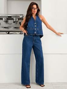 Women's Single-Breasted Halter Neck Denim Top And Jeans Casual Suit - Dark Wash - View 6