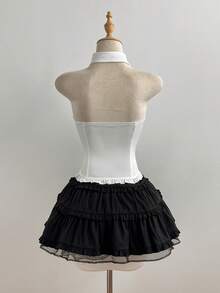 Elamini Bộ đồ nữ màu trắng cổ buộc dây, không tay, eo thon, chân váy xếp tầng phồng màu đen, phong cách Âu Mỹ gợi cảm, vẻ ngoài nữ sinh điệu đà. - Đen và trắng - Xem 2