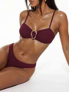 Oceva 女士酒红色罗纹抹胸比基尼套装 | 金属环装饰高衩两件式泳衣 - 酒紅色 - 查看 1