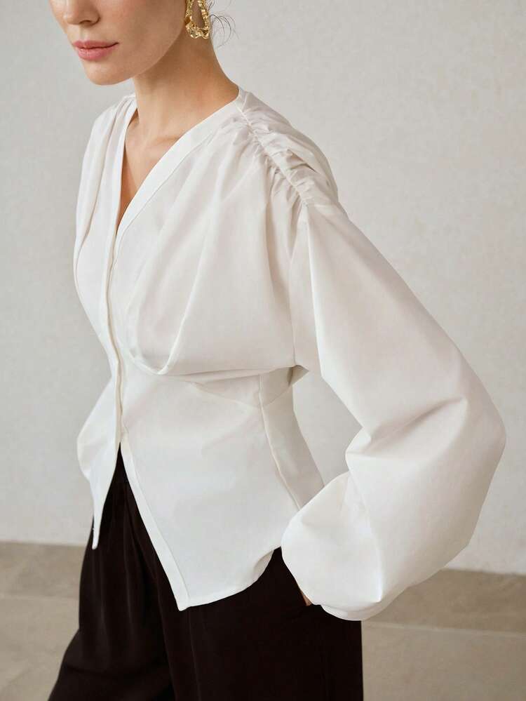 WOMEN'S PLEATED DROP SHOULDER FITTED BLOUSE FOR COMMUTING