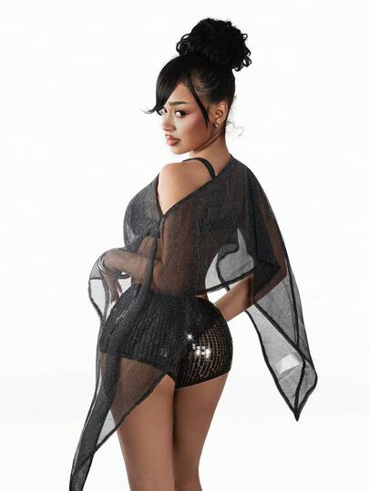 Amplova 2026 Music Festival Sheer Asymmetric Hem Crop Top & Low Waist Sequin Mini Shorts Set For Women