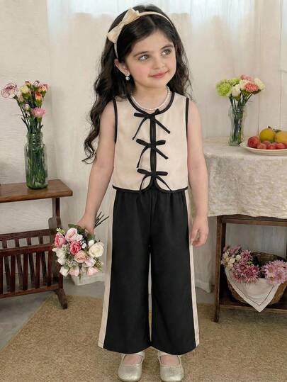 SHEIN 2 piezas Conjunto de top sin mangas de color contrastante tejido y pantalones hasta el tobillo para niña joven