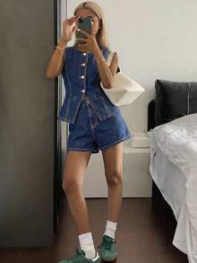 SHEIN 夏季新款商务休闲牛仔套装 - 深色水洗藍 - 查看 4