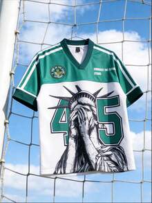 ROMWE MEN 男士现代象征情感街头服饰数字印花短袖T恤 - 綠色 - 查看 6