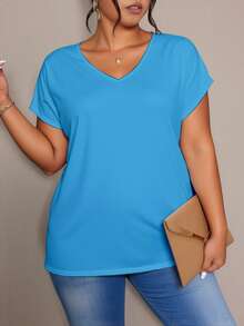 EMERY ROSE 大码女式夏季纯色V领短袖休闲T恤 - 彩色 - 查看 3