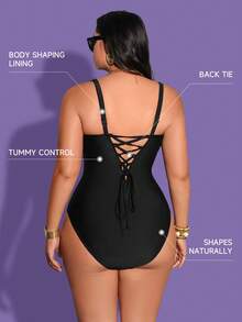 Shapewave 2026 Plus Size Women Solid Color Ruched One-Piece Swimsuit, Suitable For Summer Beach Vacation - Black - View 2