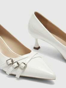 CUCCOO BIZCHIC 女鞋 女士尖头小猫跟鞋，白色多条纹交叉低鞋面，日常通勤百搭工作休闲一脚蹬女式高跟鞋 - 白色 - 查看 6