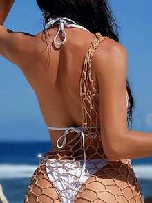 Swim SXY 女士和服连衣裙系带裹身不对称单肩贝壳网针织长裙 - 卡其色 - 查看 2