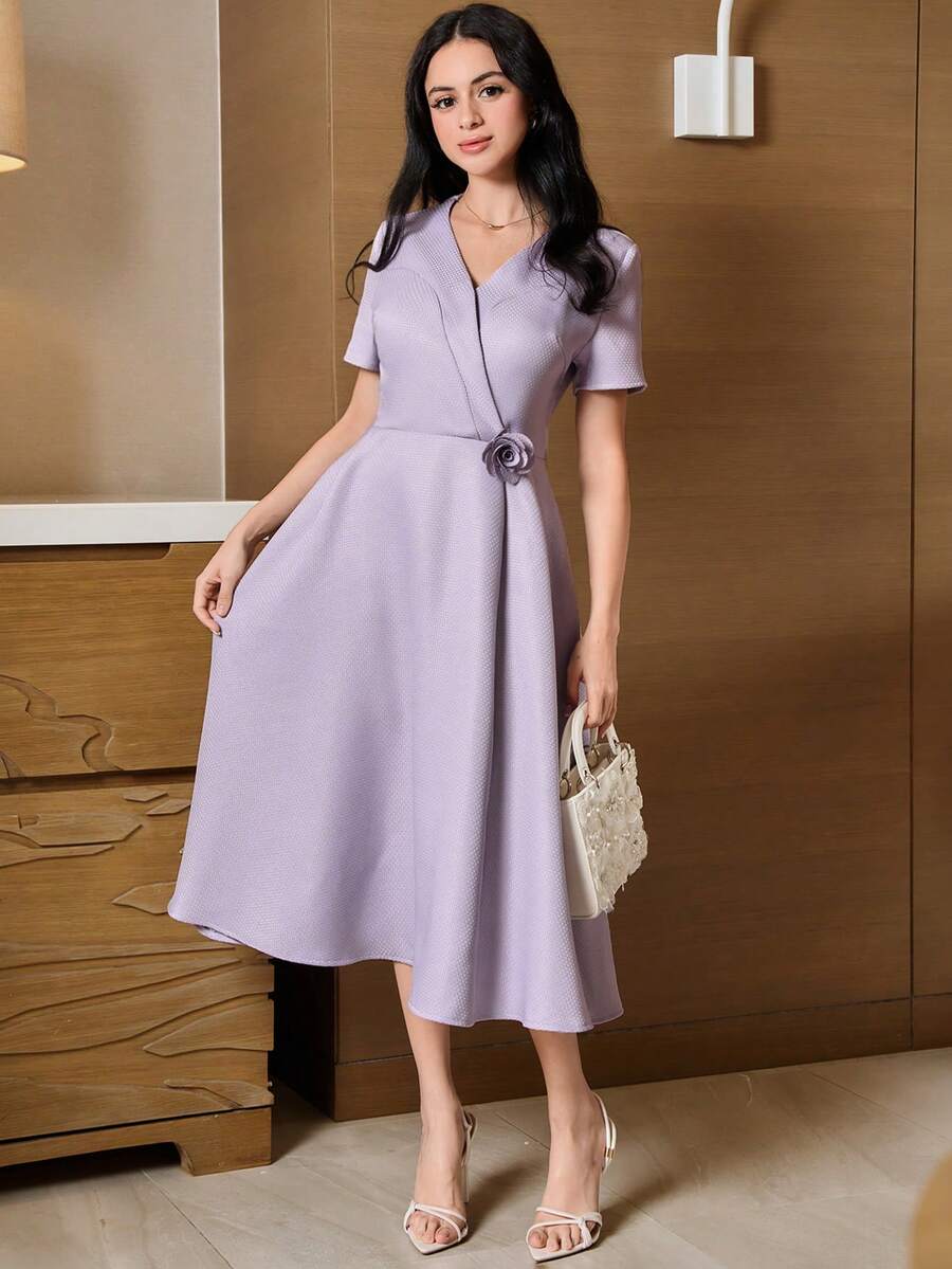 Modelyn Elegant 3D Floral V-Neck Women Dress - Purple - View 1