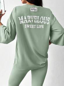 Mulvari 2pcs Women Letter Print Long Sleeve Top And Skinny Leggings Set - Green - View 2