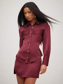 NYA SZN 配套迷你裙纽扣上衣长袖缎面 - 紅色 - 查看 5