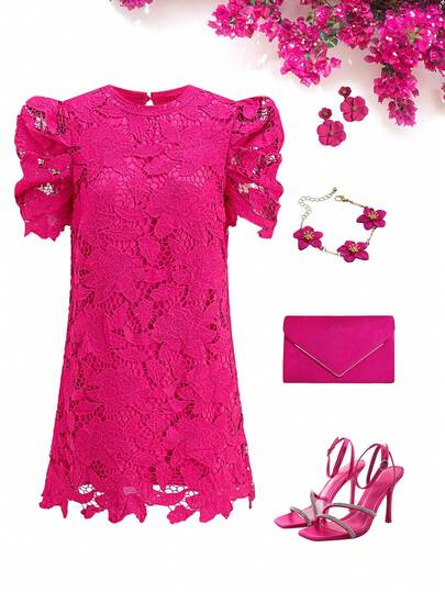 Ellevyn 女士优雅纯色蕾丝迷你连衣裙，夏季