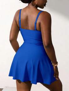 Slaydiva Plus Size Solid Color Swimwear Set For Women, Fluorescent Green Tankini With Detachable Straps - Royal Blue - View 2
