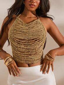 Opulessa Handmade Asymmetrical Pearl Decor Necklace Top - Gold - View 6