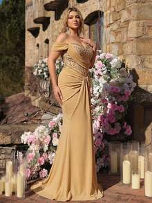 Glamrae Đầm dạ hội cỡ lớn sang trọng, thanh lịch màu sâm panh, thêu sequin, phối ren, chất liệu co giãn, dáng đuôi cá, eo xếp ly, thích hợp cho đám cưới, tiệc tùng, kỳ nghỉ, dạ hội (chất liệu dày dặn). - Rượu sâm banh - Xem 8
