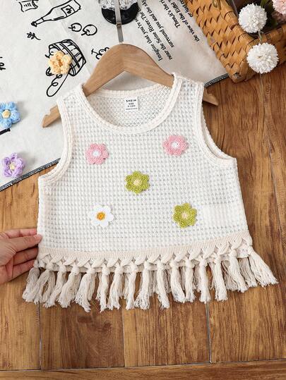 Emery Rose Kids Áo hai dây cổ tròn, viền tua rua, họa tiết hoa dành cho bé gái đi nghỉ mát.