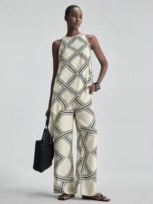 Ontre 2026新款春夏女装梭织面料套装，几何印花无袖上衣搭配阔腿裤，适合办公室、假日以及情人节、婚礼等场合穿着。 - 黑與白 - 查看 3