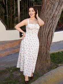 Lupita Cardoza 方领蕾丝前片后褶碎花连衣裙，派对连衣裙，早午餐连衣裙，度假连衣裙，宴会连衣裙，情人节连衣裙，新年连衣裙，海滩度假装 - 紅白色 - 查看 5