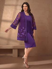 SHEIN Clasi 大码女式两件套，优雅白色刺绣衬衫搭配中长裙，适合户外、工作和日常穿着。 - 紫色 - 查看 4