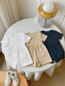 SHEIN 3 Sets Baby Boy Casual Solid Color Round Neck Short Sleeve T-Shirt And Elastic Waist Shorts,Navy And White,Summer,Casual,Family Matching Outfit Set - Multicolor - View 2