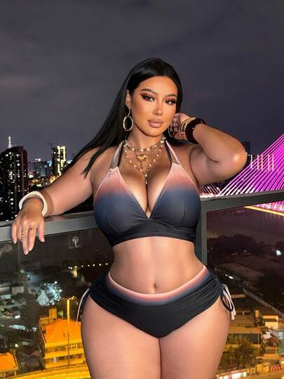 Swim Vcay New Plus Size Women's Ombre Printed Halter Neck Swimsuit Top, Fitted Triangular Bottom Swimsuit Set, Slimming & Lifting, Vacation & Leisure