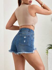EURMUSE High Waist Mini Denim Short Ripped Summer Casual - Medium Wash - View 2