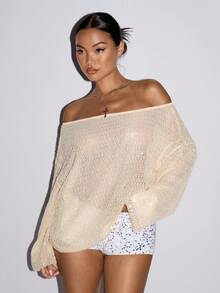 SHEIN ICON Y2K 女士沙滩度假外出 Coachella 俱乐部沙滩装串珠宽松镂空长袖衬衫，夏季 - 杏色 - 查看 3