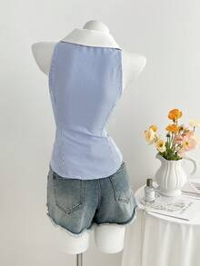 Elamini 女士蓝色条纹无袖衬衫，百搭时尚，适合日常、约会、海滩旅行、街头风、春夏穿着。 - 藍色 - 查看 2