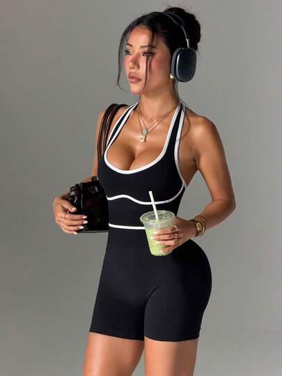 Dewbera Contrast Color Trim Backless Halter Fitted Sports Romper