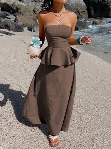 DAZY Brown Dress, Elegant Fitted Waist Casual Vacation Dress, Suitable For Spring, Summer, Valentine's Day, Wedding, Beach Sundress - Coffee - View 4