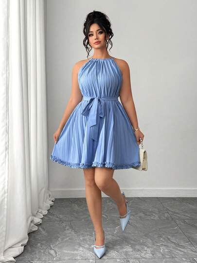 Elenzga Vestido de tirantes finos con pliegues, dobladillo con volantes y empalme, elegante en azul y azul gris, para mujer de talla grande. Vestido sexy sin mangas con silueta evasé, apropiado para oficina, viajes, citas, vacaciones, graduación, fiestas, bodas, salidas, etc.