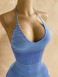 Soleia 全新渐变色挂脖荷叶边下摆针织迷你连衣裙，度假风格 - 藍色 - 查看 4