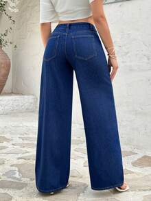 Rivivi 女士口袋纽扣休闲百搭日常穿着阔腿牛仔裤 - 深色水洗藍 - 查看 2