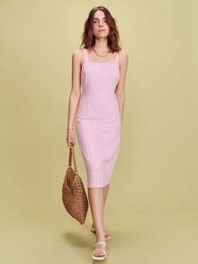 lacRébo 粉色条纹方领修身露背中长连衣裙，春夏款 - 淺粉色 - 查看 6
