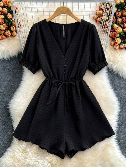 GlowEve CURVE 大码深V领收腰泡泡袖波点连体裤