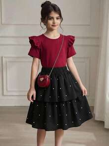 SHEIN 2pcs/Set Girls Casual Flutter Sleeve Round Neck T-Shirt Top And Beaded Hem Skirt, Suitable For Spring/Summer Travel, Beach, Vacation - Red - View 3