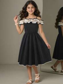 ChillGRL Elegant Ruffled Off-Shoulder Black Slip Dress, Suitable For Outdoor Activities And Casual Daily Wear, Summer Dress - Black - View 3