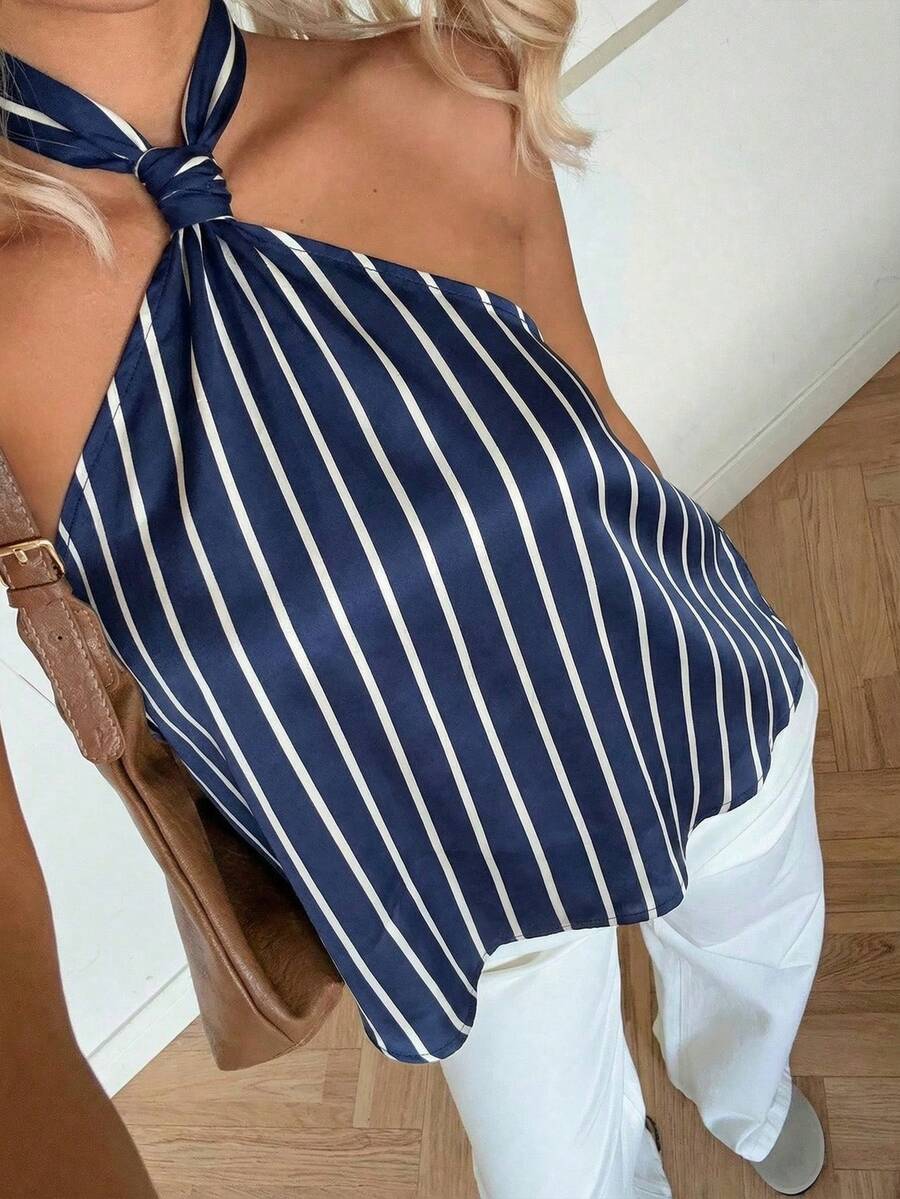 SHEIN EZwear Women's Casual Backless Tie Strap Striped Blouse, Suitable For Vacation, Back To School, Music Festival, Beach Party, Pool Party, Graduation Trip - Multicolor - View 1