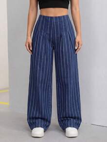 SHEIN ICON Celana Jeans Wanita Bergaris Lipit Kasual Serbaguna untuk Pemakaian Sehari-hari, Potongan Lebar - Biru - View 3