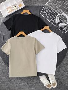 SHEIN 三件套，买二送一，男女童字母印花圆领针织T恤运动套装，黑色、白色、卡其色，适合上学、郊游、派对、春夏季穿着。 - 彩色 - 查看 4